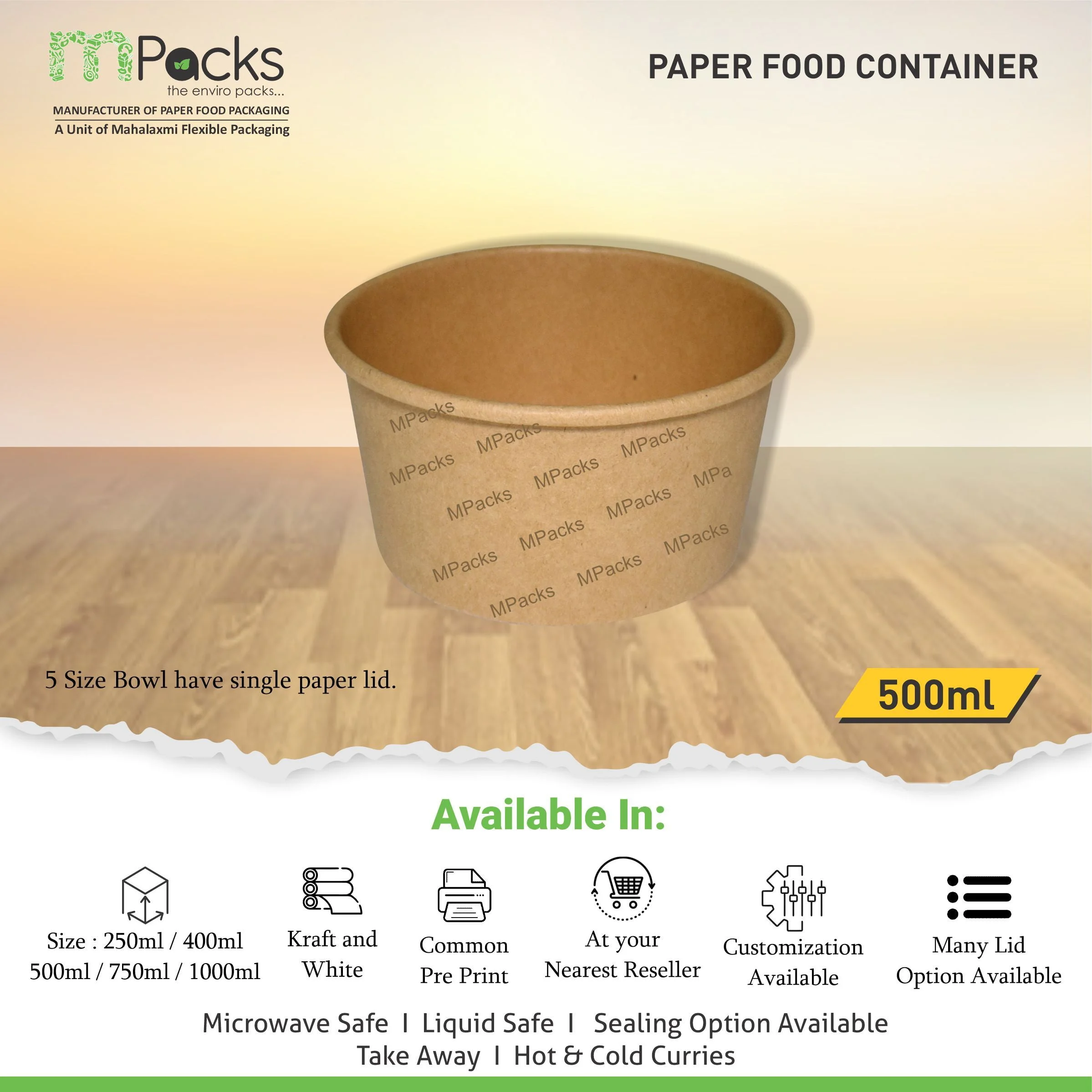 Paper Food Container - kraft Paper with Lid - 500ml