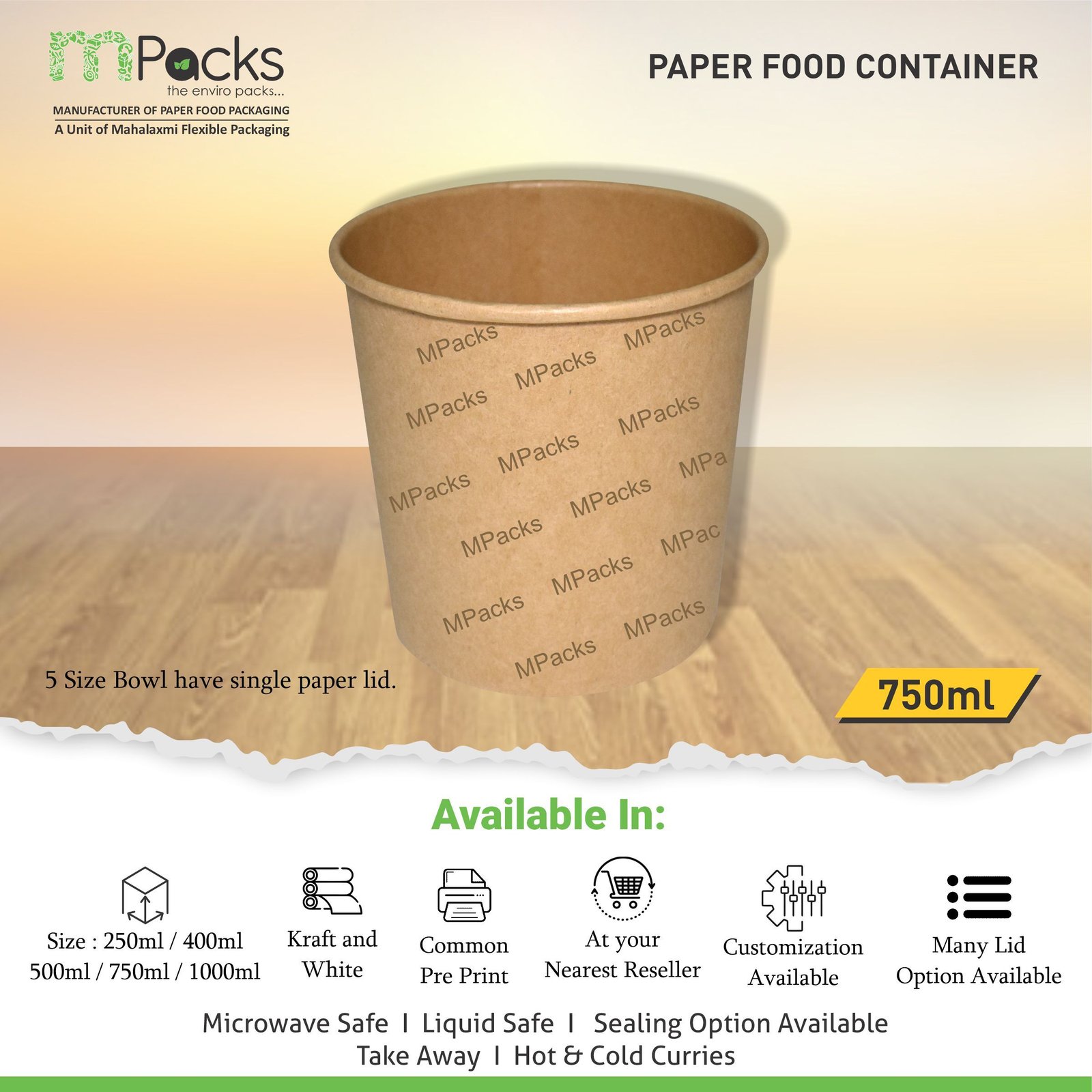 Paper Food Container - kraft Paper with Lid - 750ml