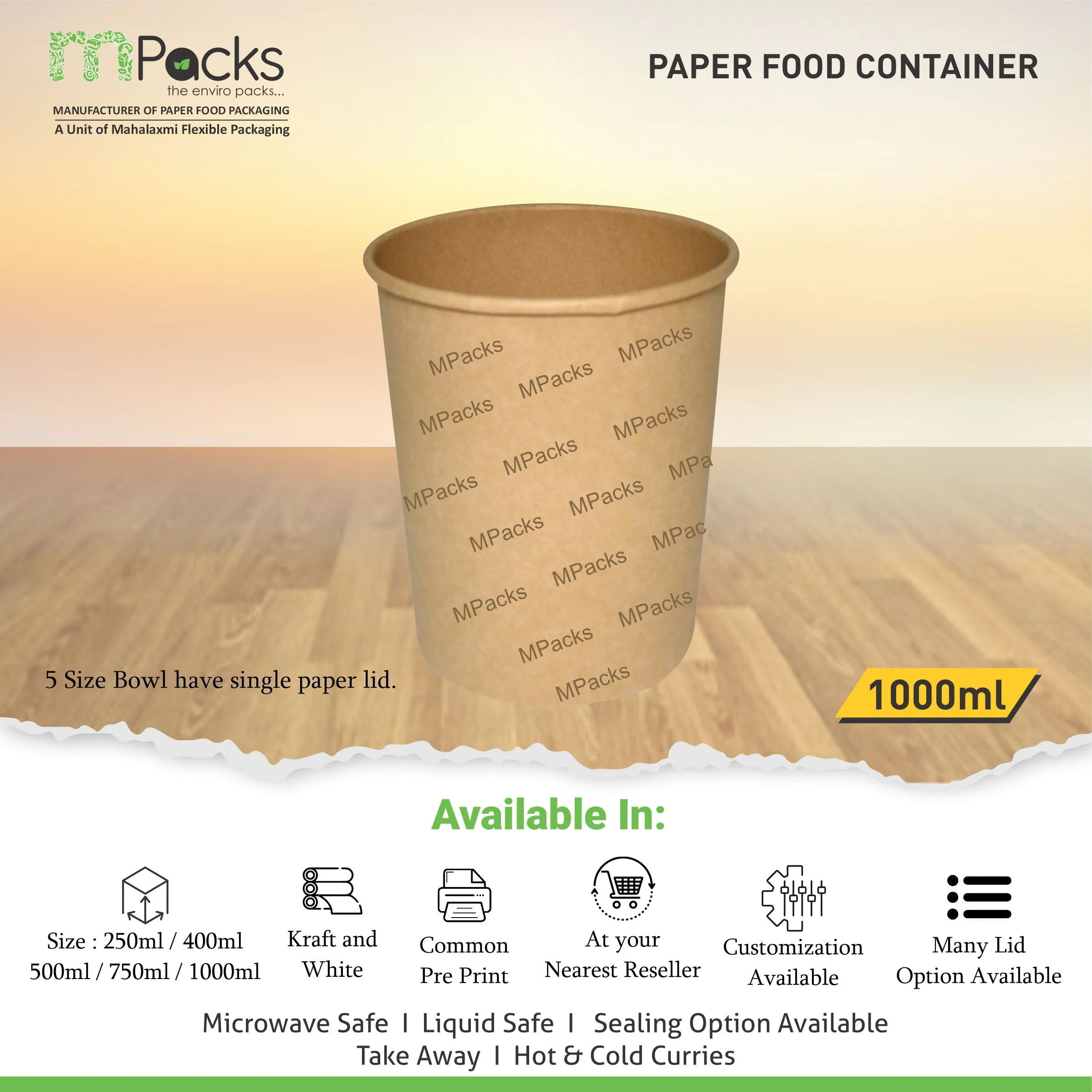 Paper Food Container - kraft Paper with Lid - 1000ml