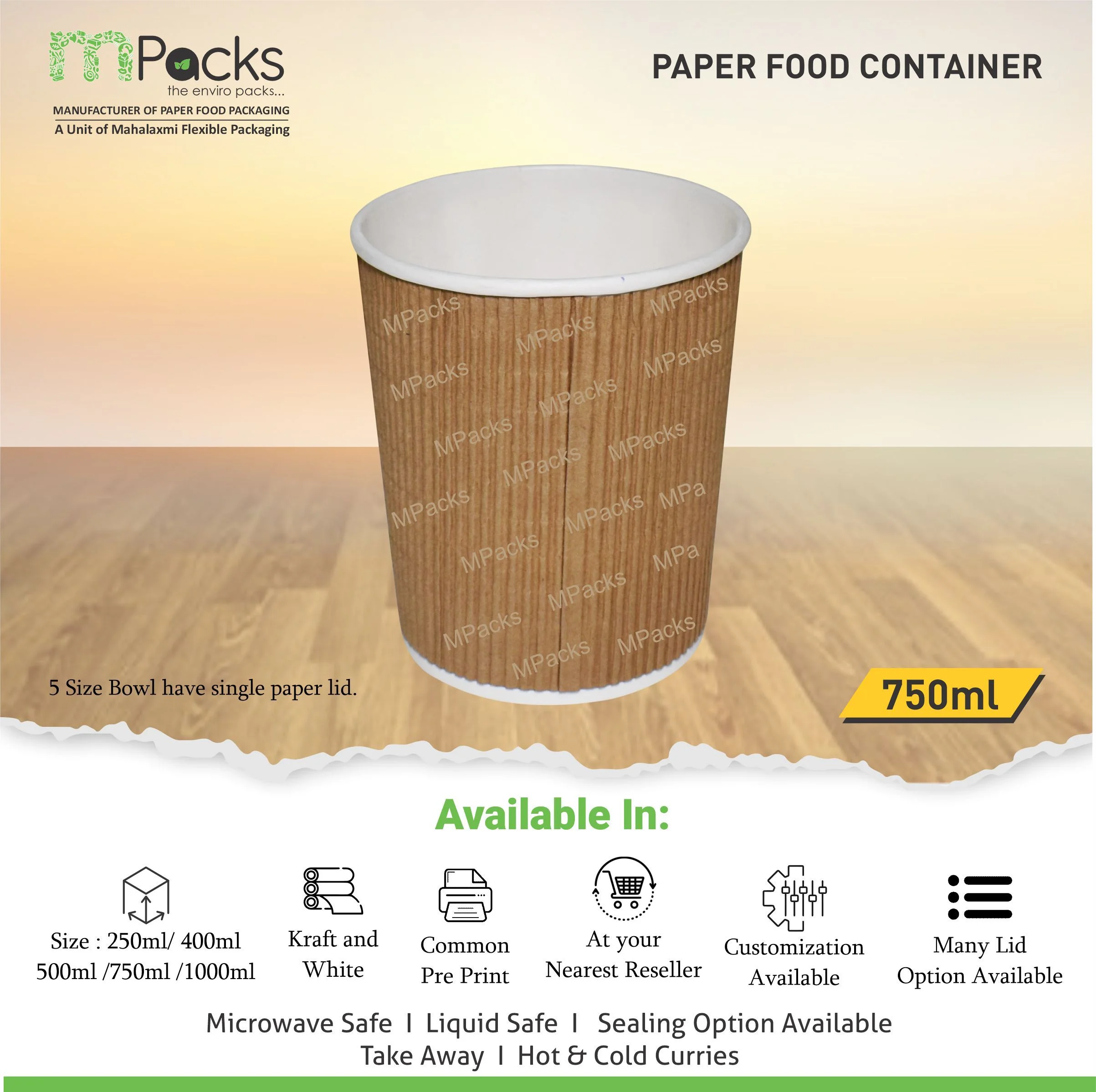 Paper Food Container - White and Ripple Paper with Lid -750ml