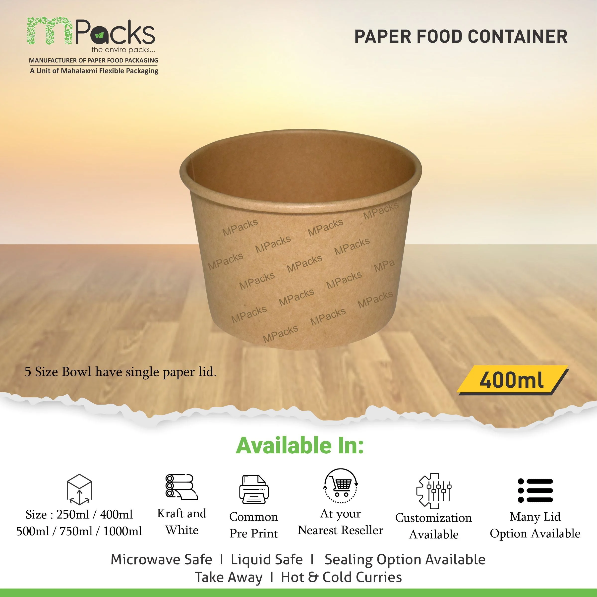 Paper Food Container - kraft Paper with Lid - 400ml