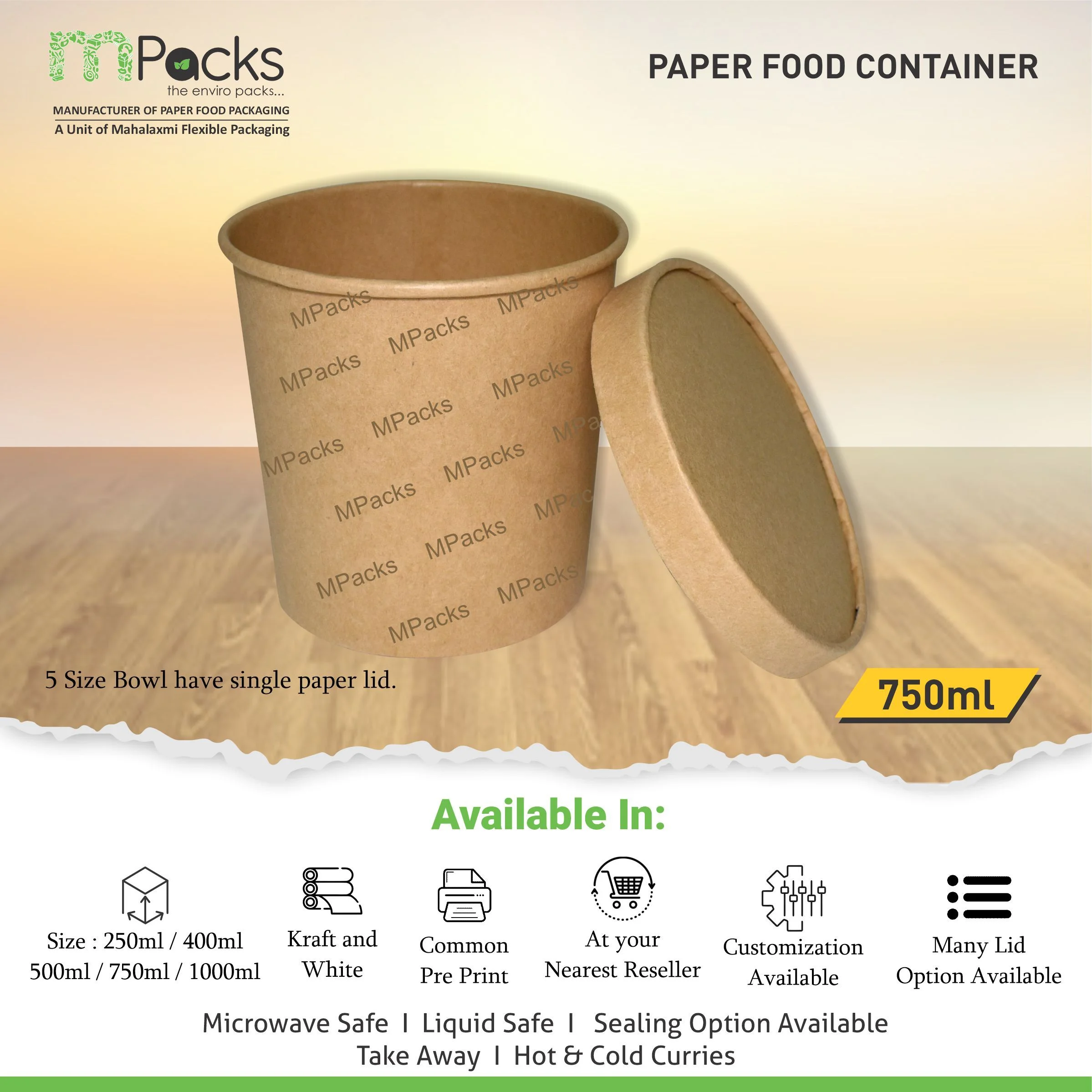 Paper Food Container - kraft Paper with Lid - 750ml