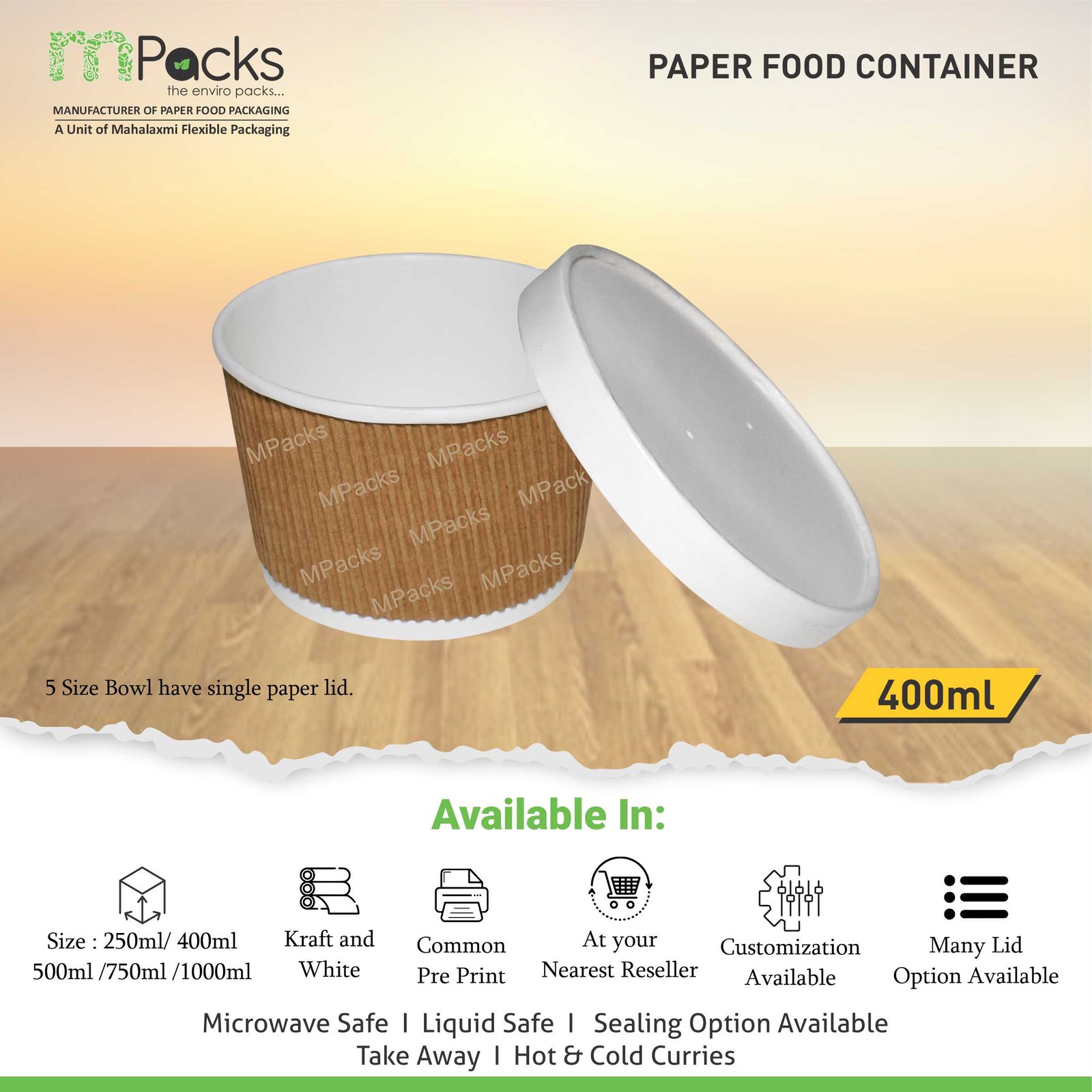 Paper Food Container - White and Ripple Paper with Lid -400ml