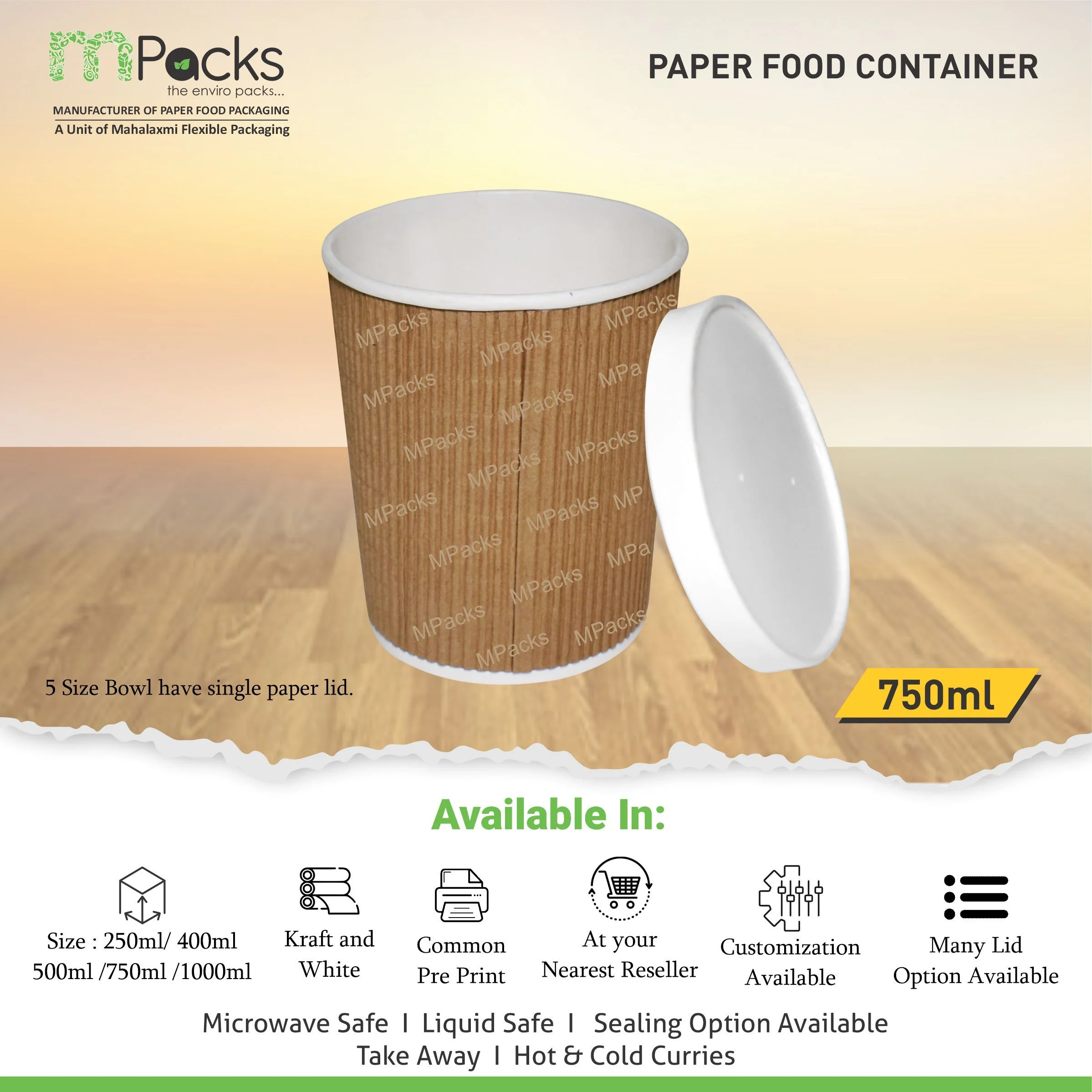 Paper Food Container - White and Ripple Paper with Lid -750ml