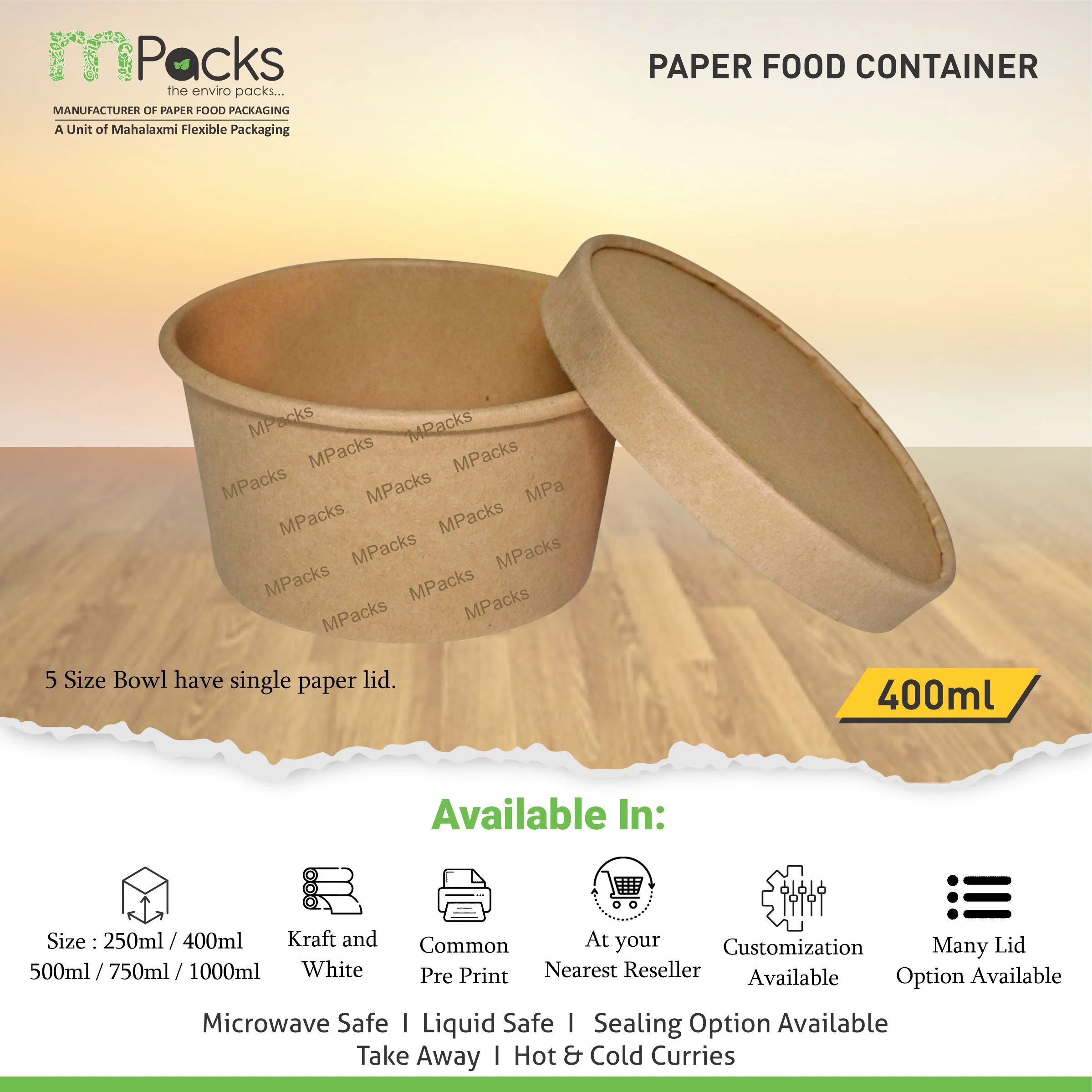 Paper Food Container - kraft Paper with Lid - 400ml