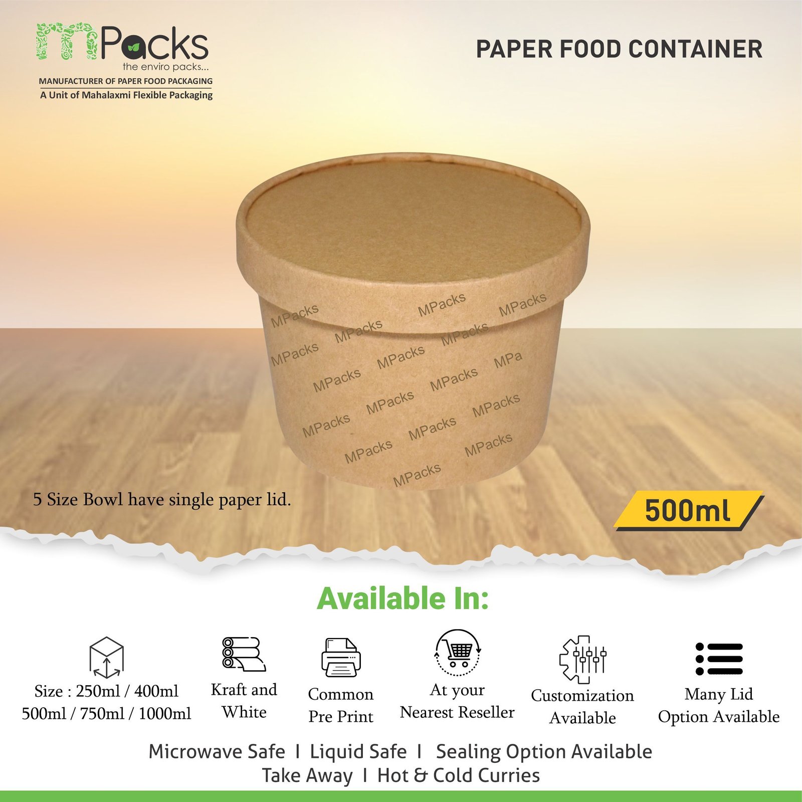 Paper Food Container - kraft Paper with Lid - 500ml