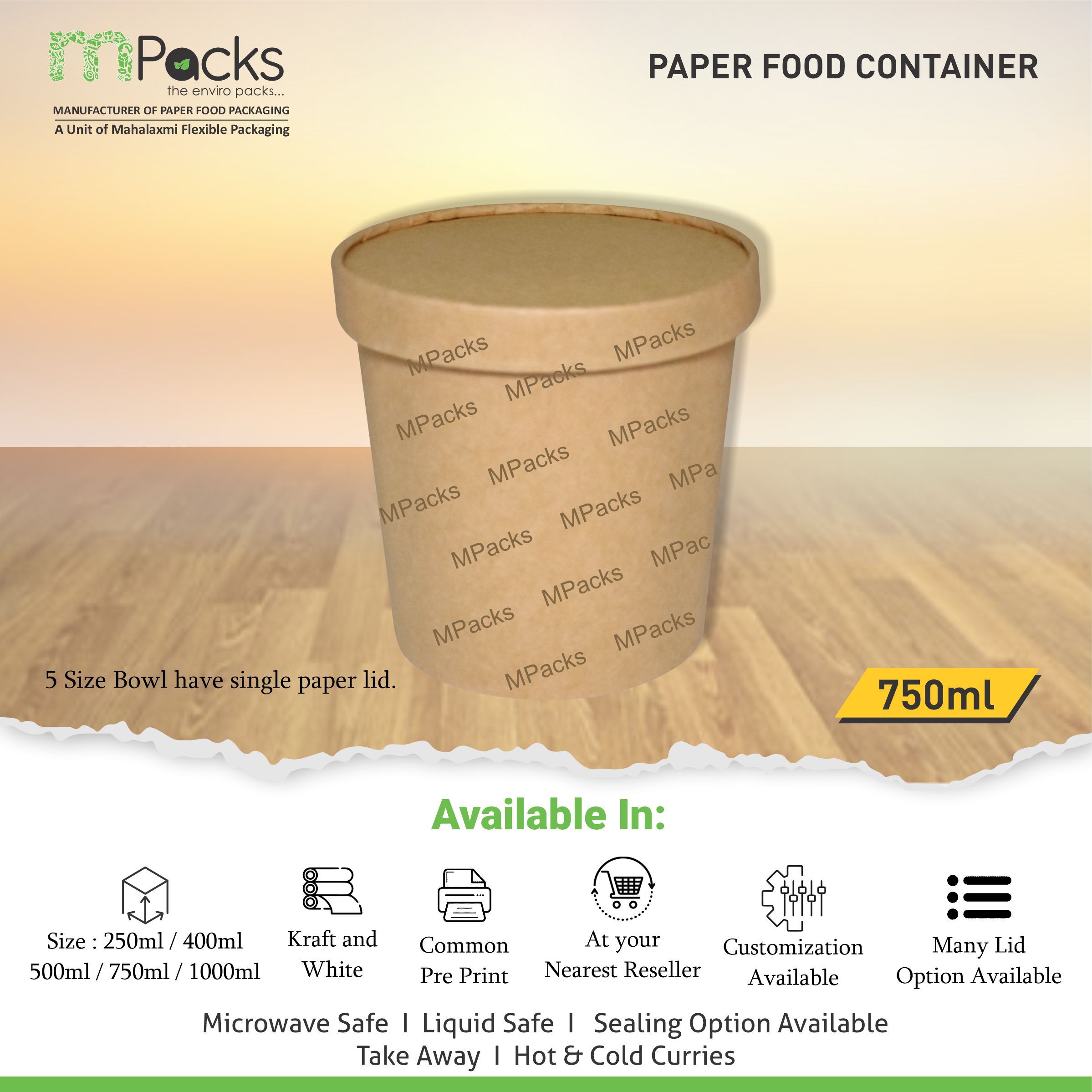 Paper Food Container - kraft Paper with Lid - 750ml