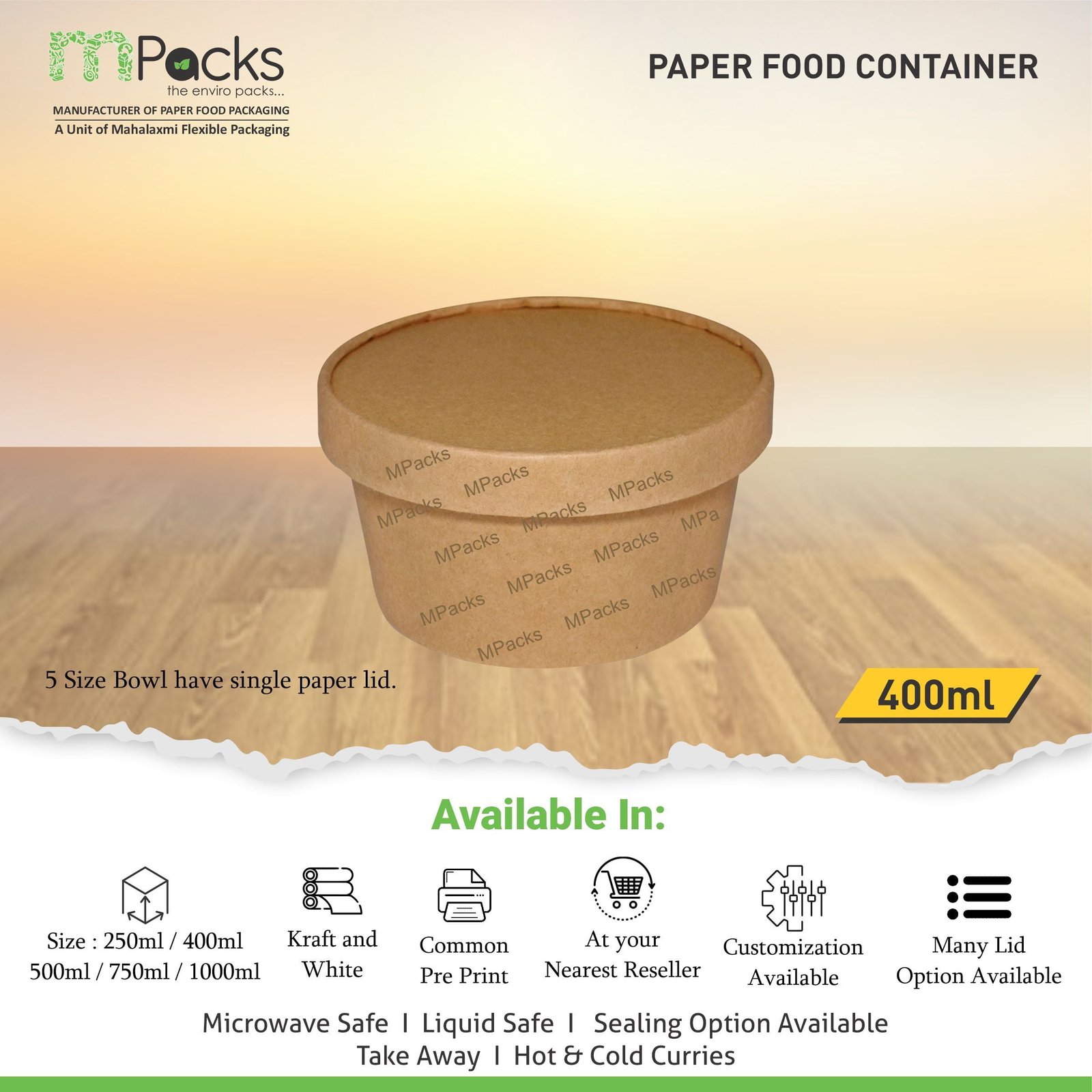 Paper Food Container - kraft Paper with Lid - 400ml
