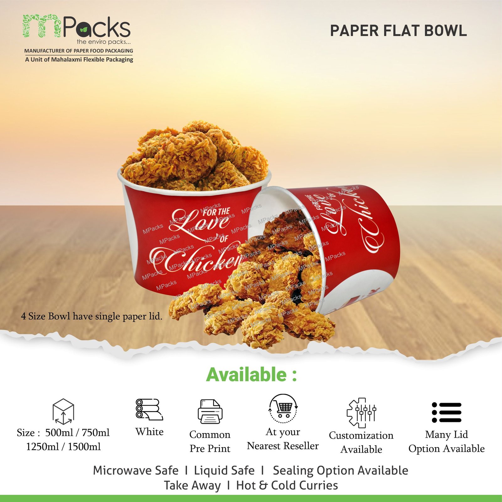 paper flat bowl | Paper Food Flat Bowl | Flat Bowl Container | Flat Bowl, Soup Bowl | Customize Flat bowl with Lid -1250ml, 40oz Size