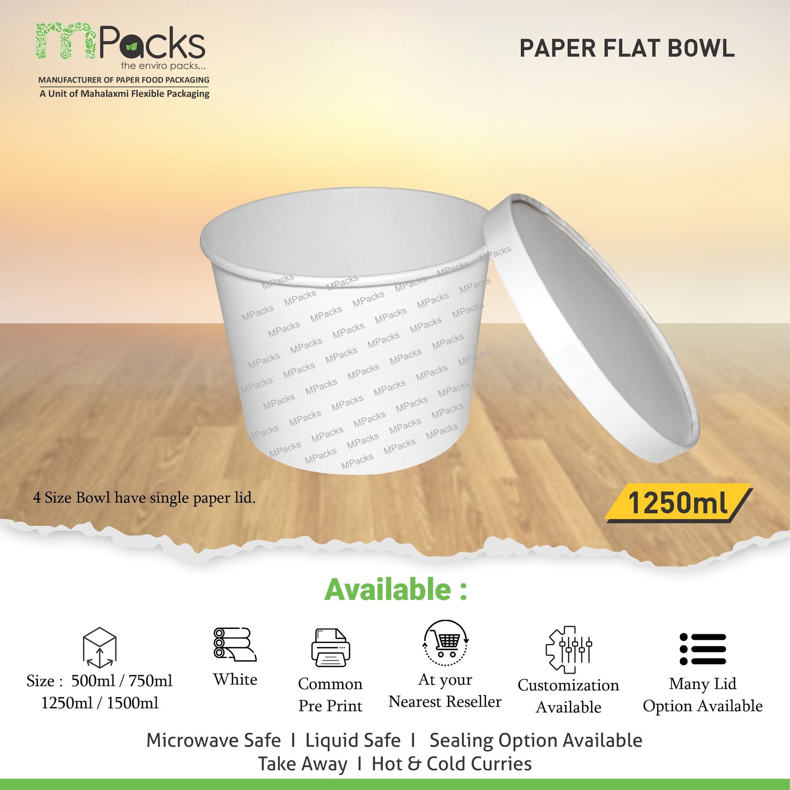 paper flat bowl | Paper Food Flat Bowl | Flat Bowl Container | Flat Bowl, Soup Bowl | White Paper with Lid -1250ml, 40oz Size
