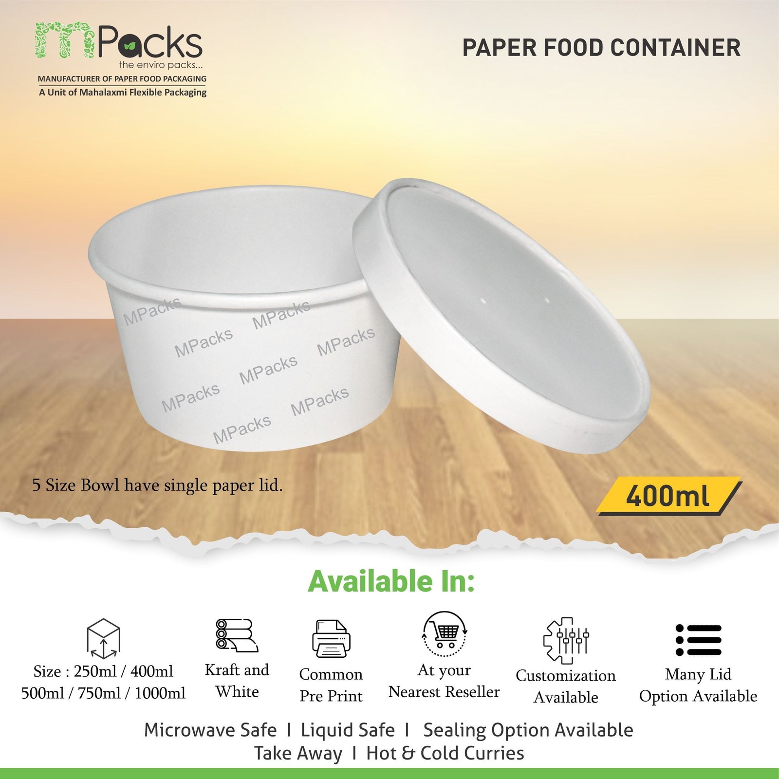 Paper Food Container, Soup Bowl - White Paper with Lid -400ml