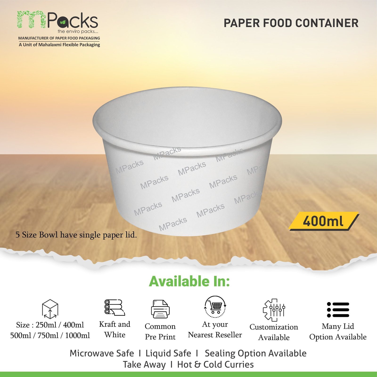 Paper Food Container, Soup Bowl - White Paper with Lid -400ml, 12oz Size