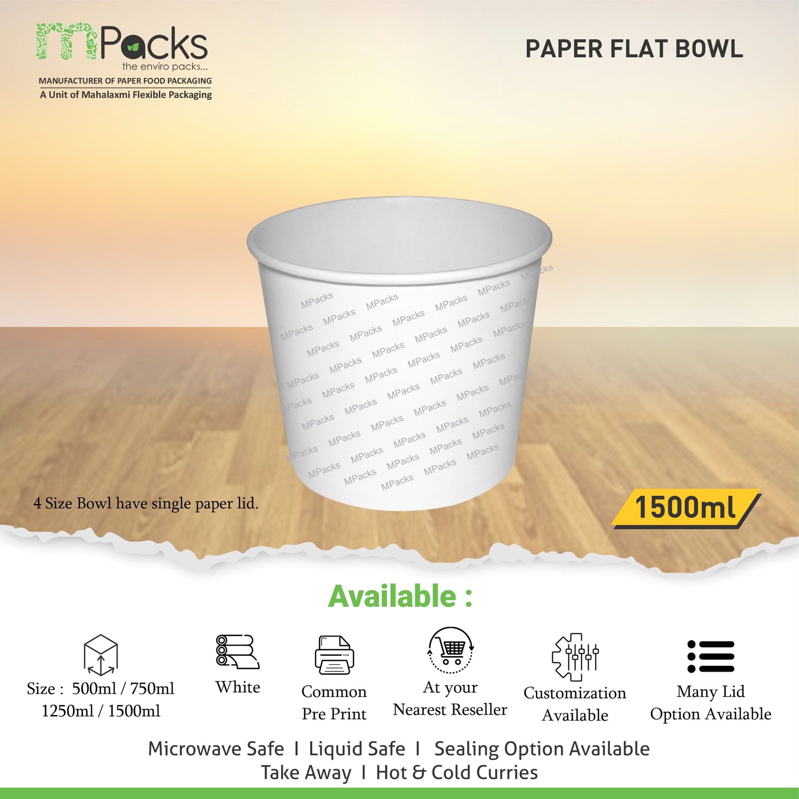 paper flat bowl | Paper Food Flat Bowl | Flat Bowl Container | Flat Bowl, Soup Bowl | White Paper with Lid -1500ml, 50oz Size