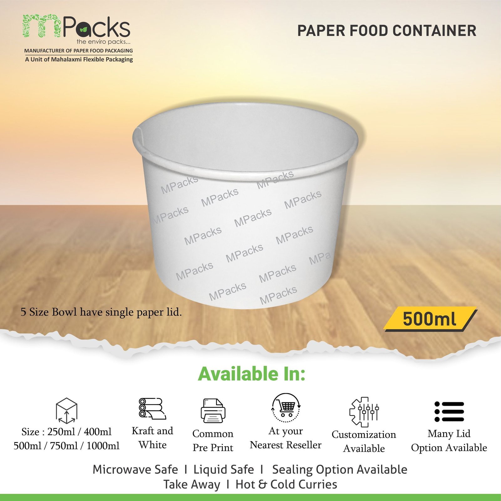 Paper Food Container, Soup Bowl - White Paper with Lid -500ml, 16oz Size