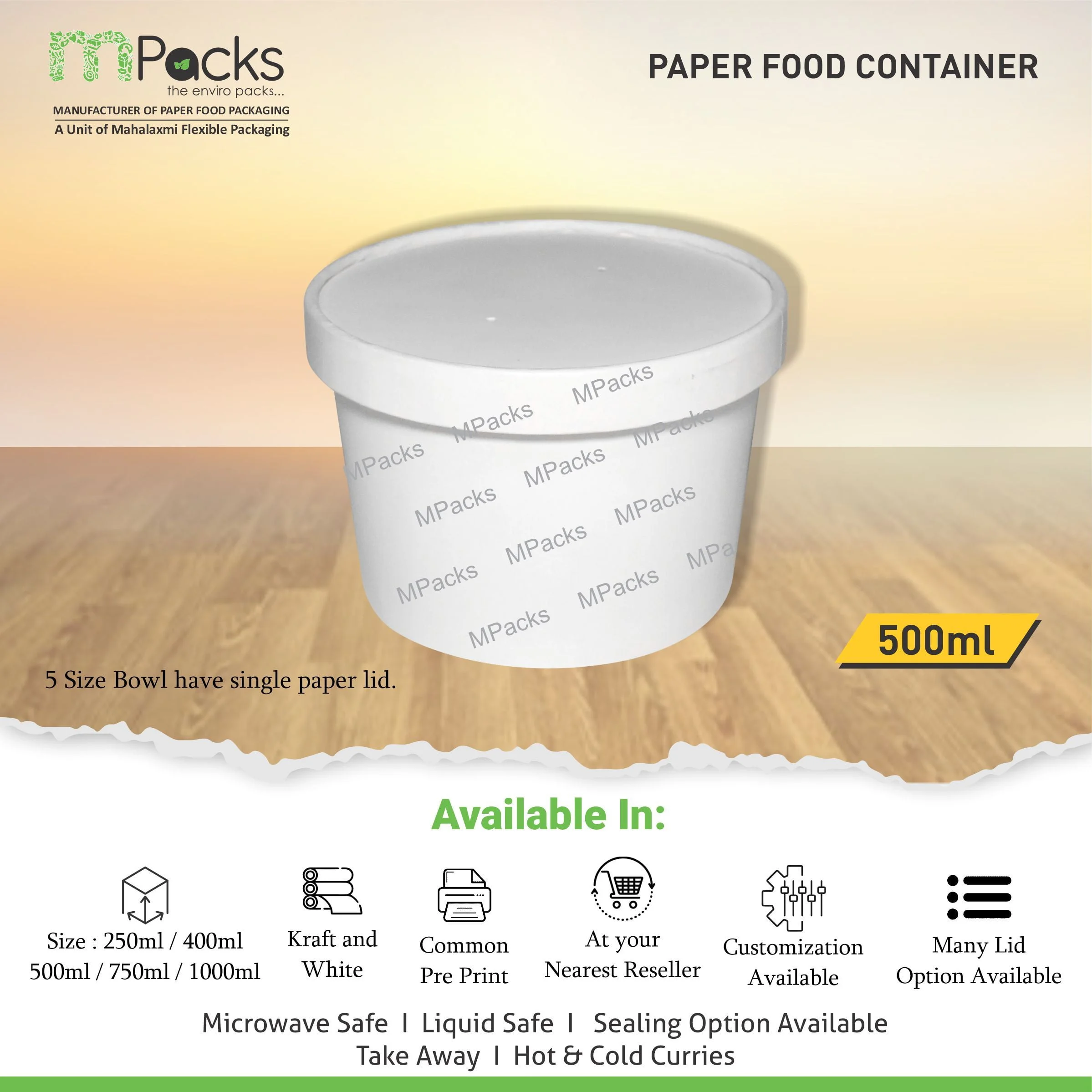 Paper Food Container, Soup Bowl - White Paper with Lid -500ml, 16oz Size