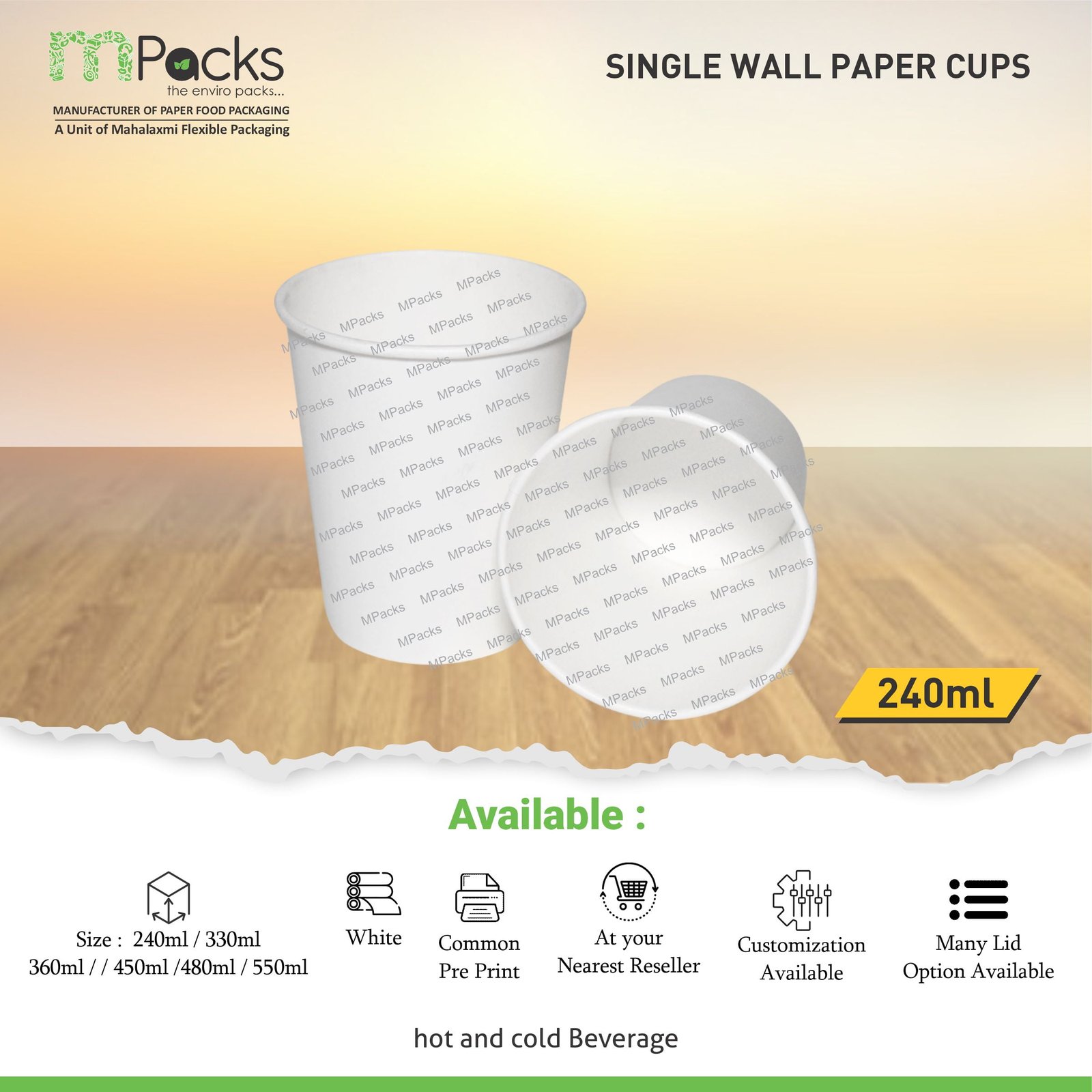 Paper Cup | Paper Glasses | Paper Cup single Wall | single Wall Paper glasses | Customize Paper Cup with lid - white and craft paper 240ml or 8oz Size