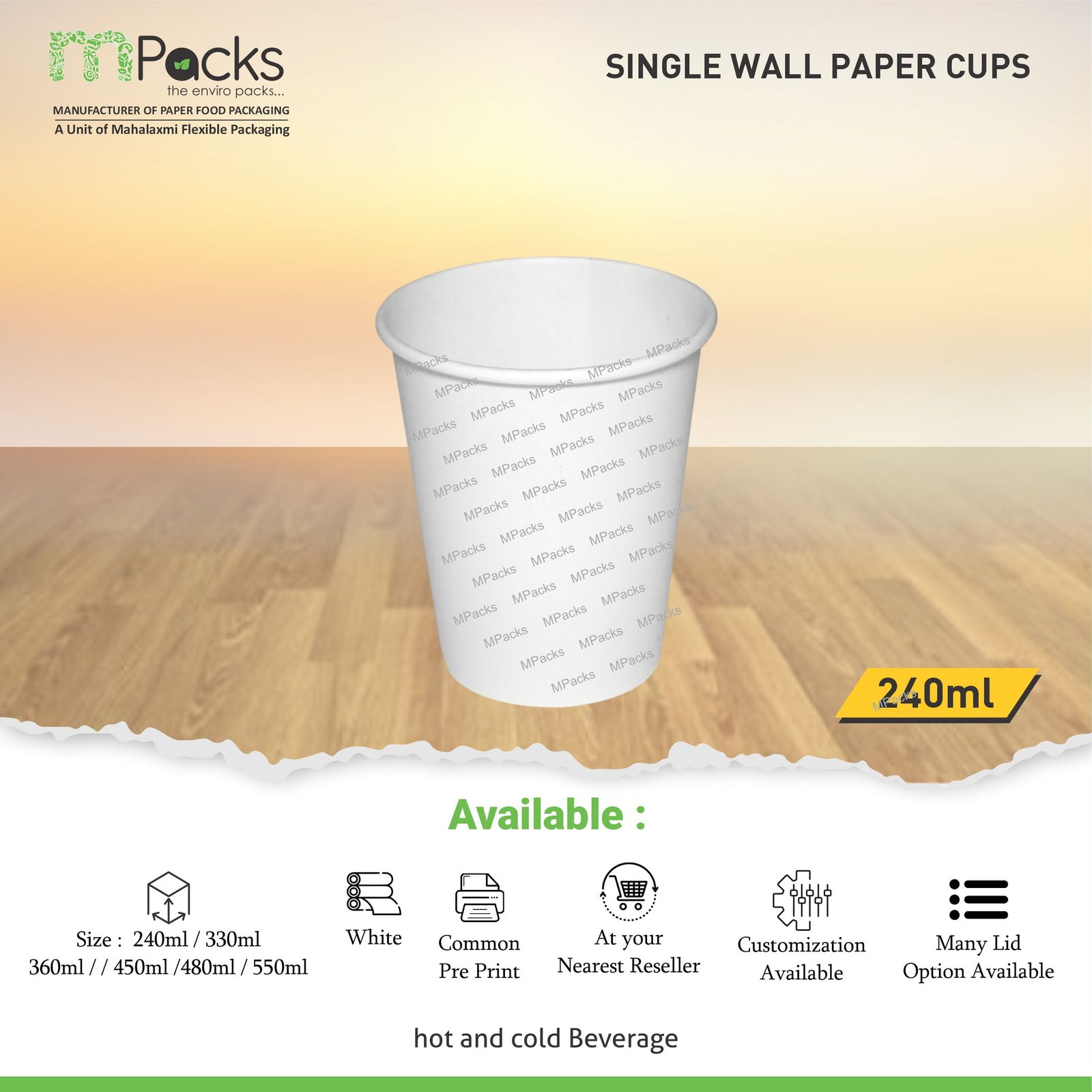 Paper Cup | Paper Glasses | Paper Cup single Wall | single Wall Paper glasses | Customize Paper Cup with lid - white and craft paper 240ml or 8oz Size
