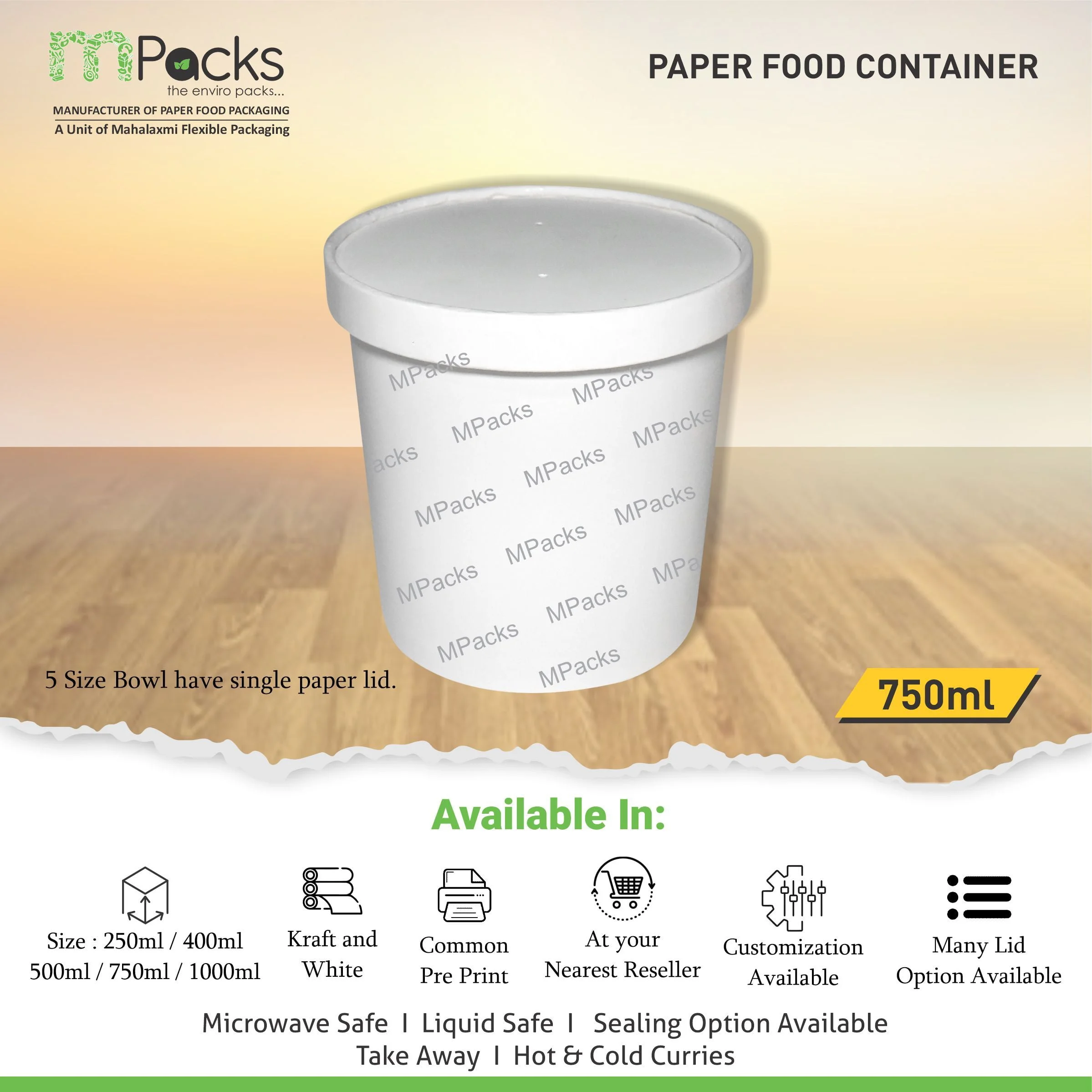 Paper Food Container, Soup Bowl - White Paper with Lid -750ml, 24oz Size