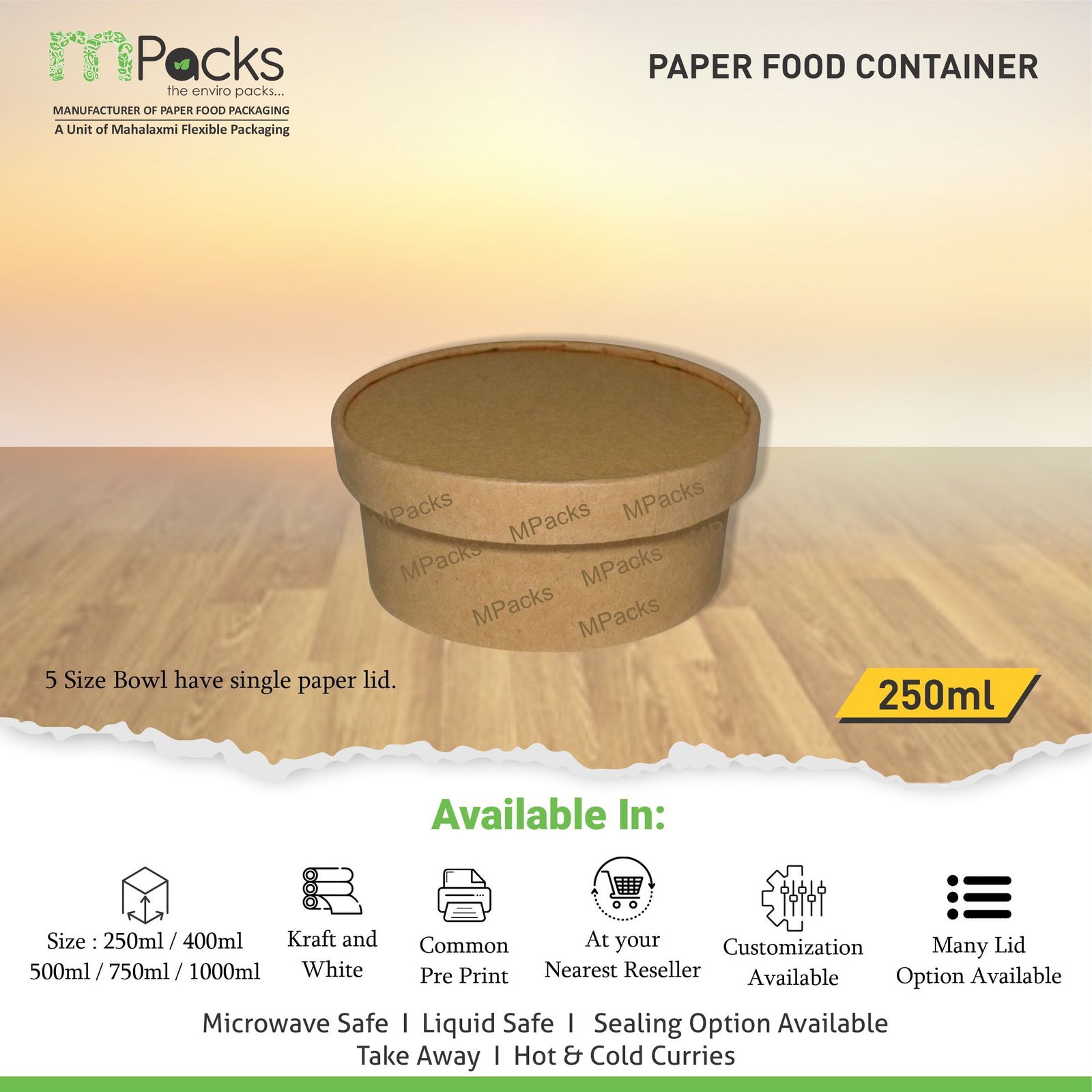 Paper Food Container - kraft Paper with lid - 250ml