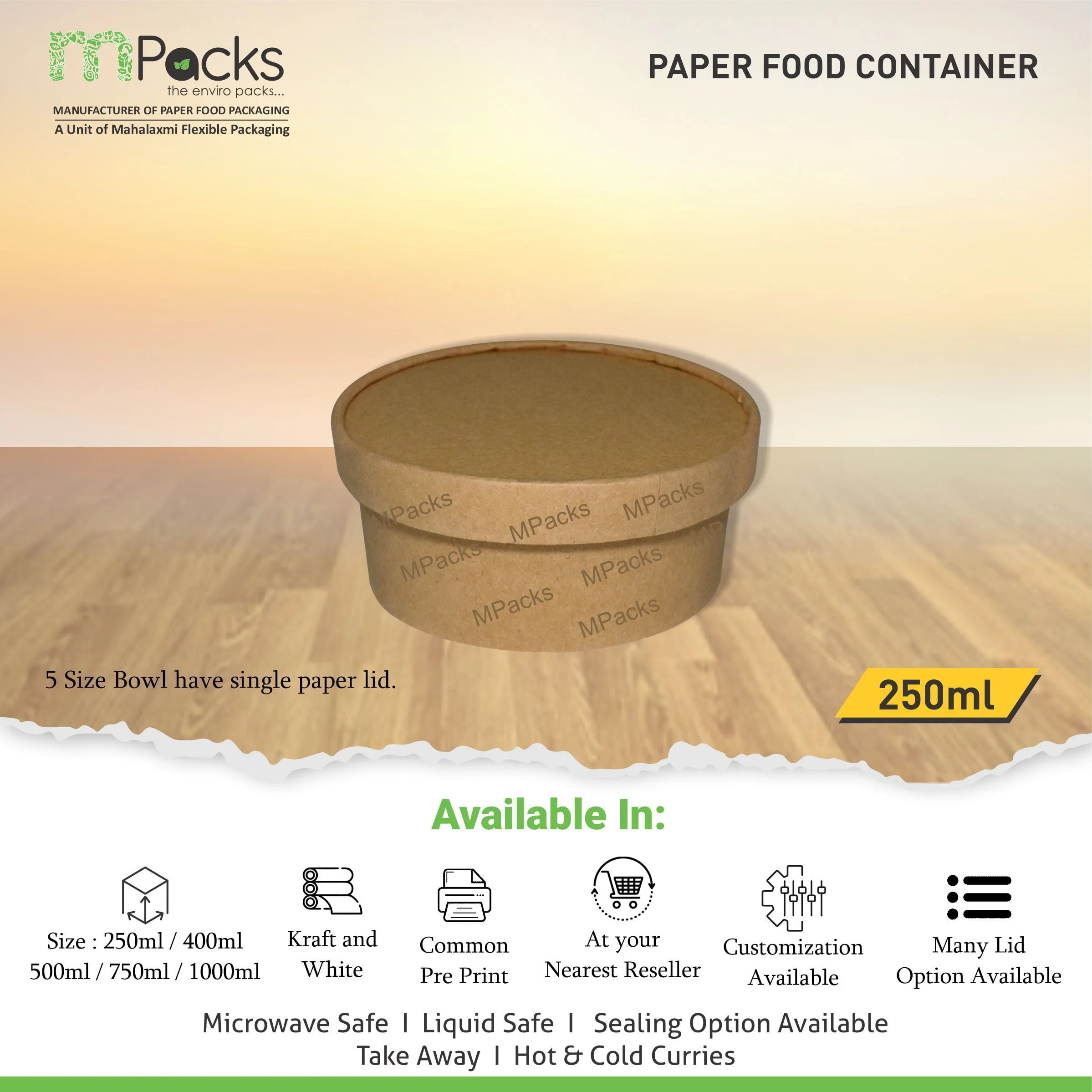 Paper Food Container - kraft Paper with lid - 250ml