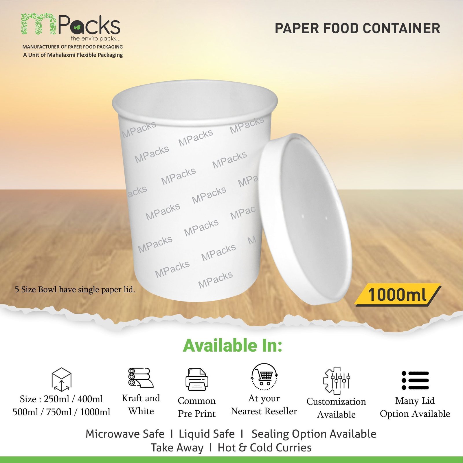 Paper Food Container, Soup Bowl - White Paper with Lid -1000ml, 32oz Size