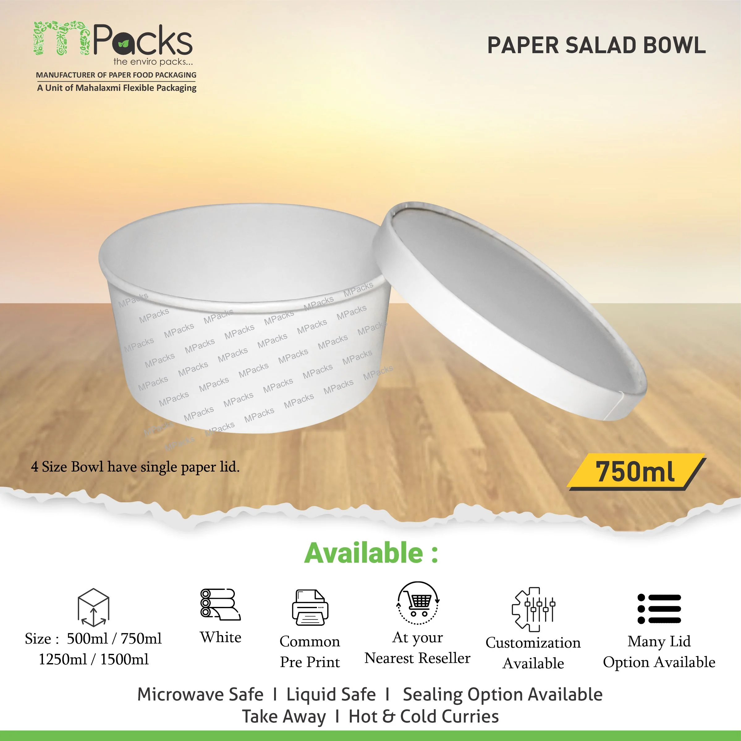paper flat bowl | Paper Food Flat Bowl | Flat Bowl Container | Flat Bowl, Soup Bowl | White Paper flat bowl with Lid -7500ml, 24oz Size