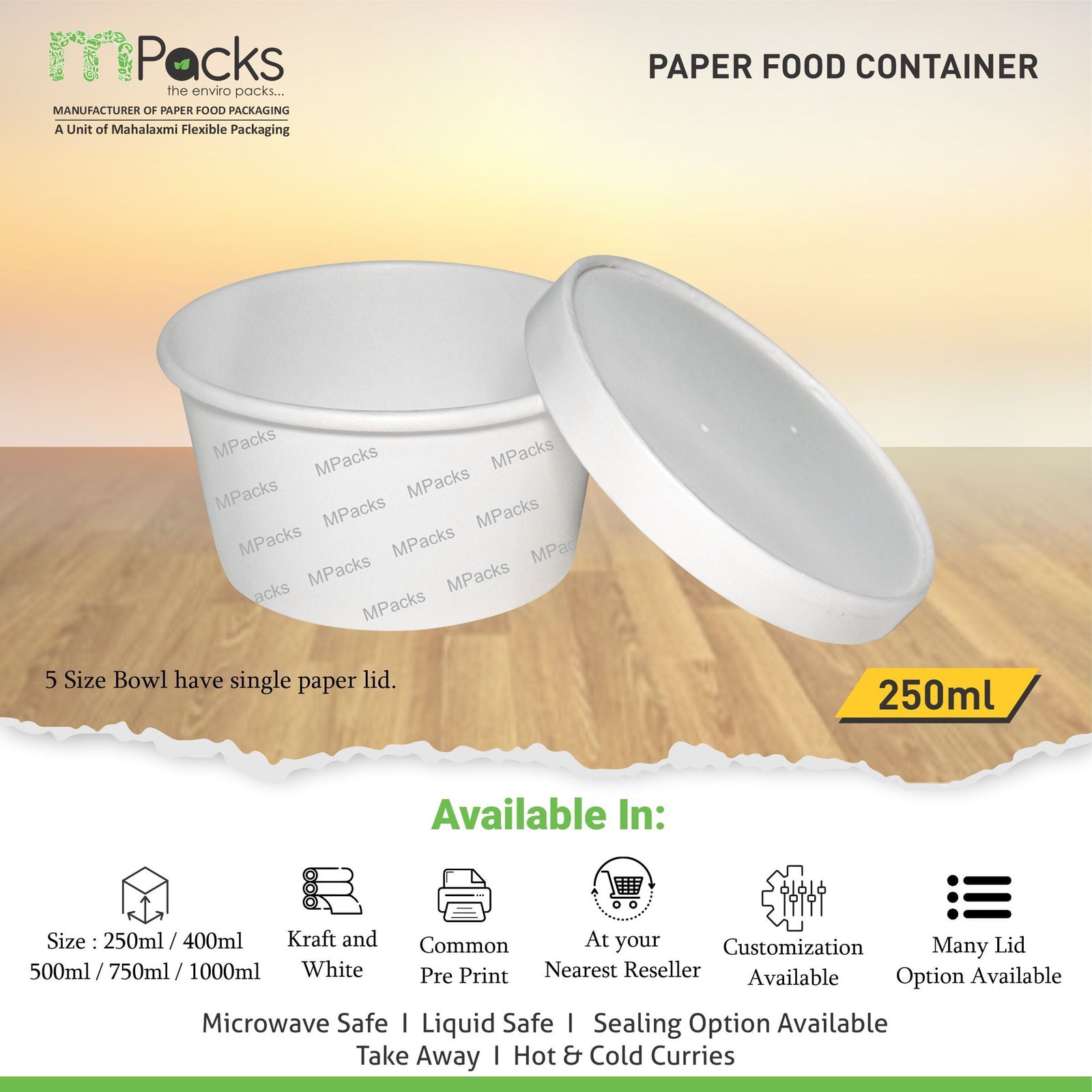 Paper Food Container - White Paper with Lid -250ml